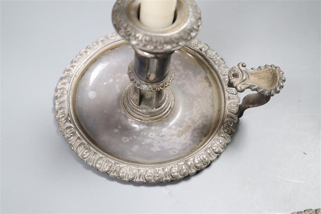 A pair of Victorian Old Sheffield plate chambersticks, 12cm